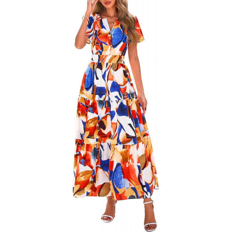 Retro Floral Short-Sleeve V-Neck Dress