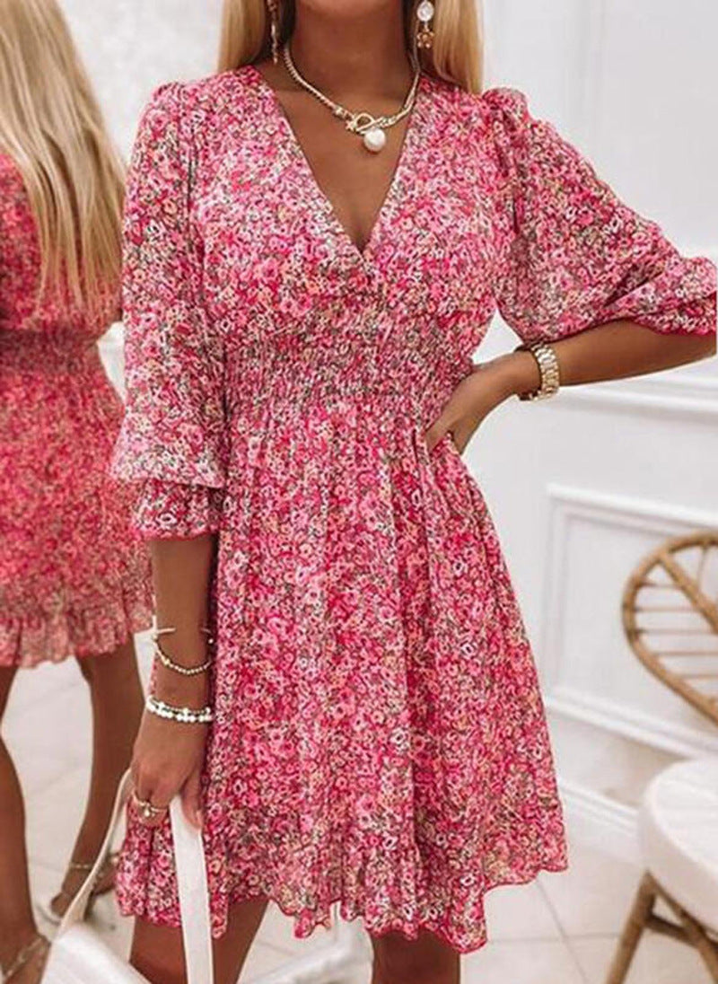 New Bohemian Floral Print Midi Dress Short Sleeve Pullover Waist Slim Dress…