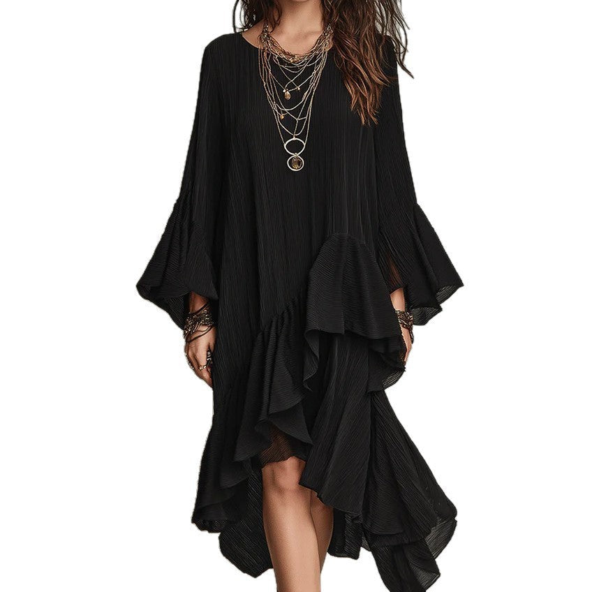 Solid-color Elegant Asymmetrical Ruffled Dress