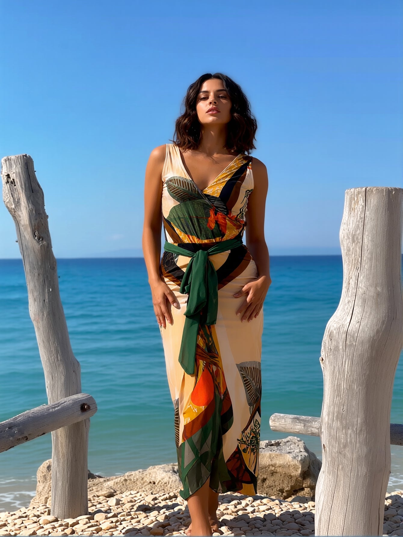 Vintage Tropical Leaf Print V Neck Sleeveless Waist Tie Midi Dress Women's…
