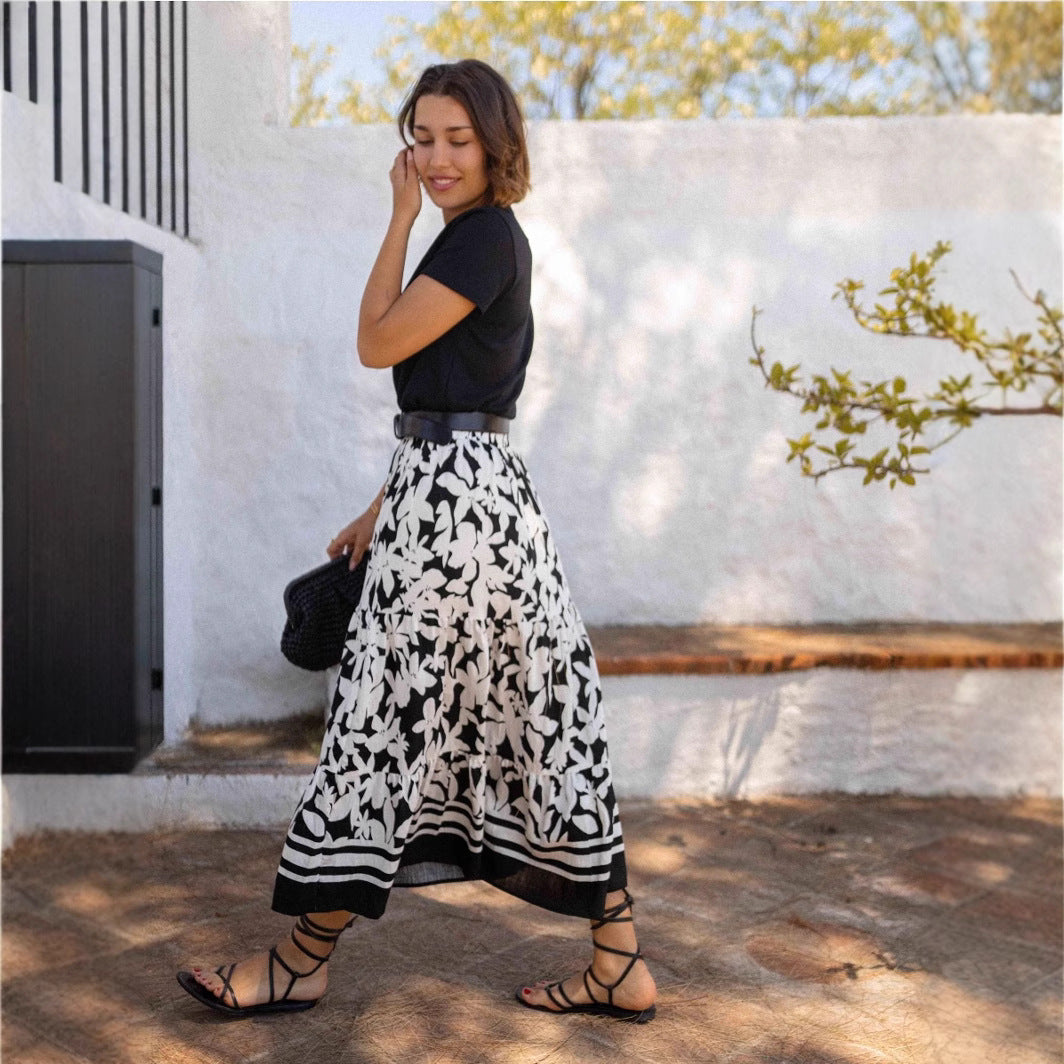 Casual Resort Flared Midi Skirt With A Botanical Print
