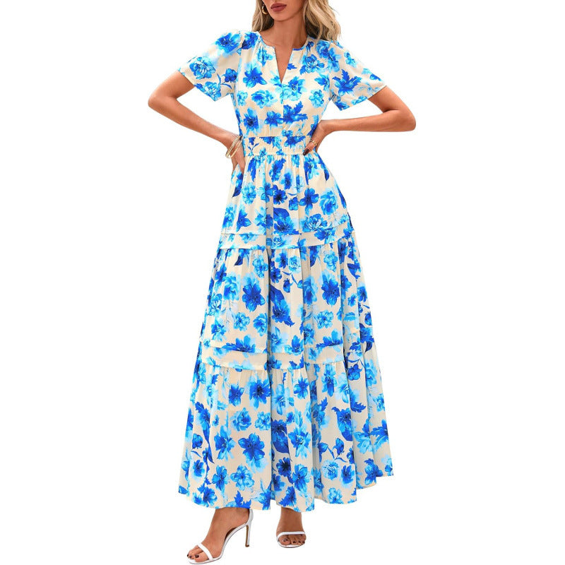 Retro Floral Short-Sleeve V-Neck Dress