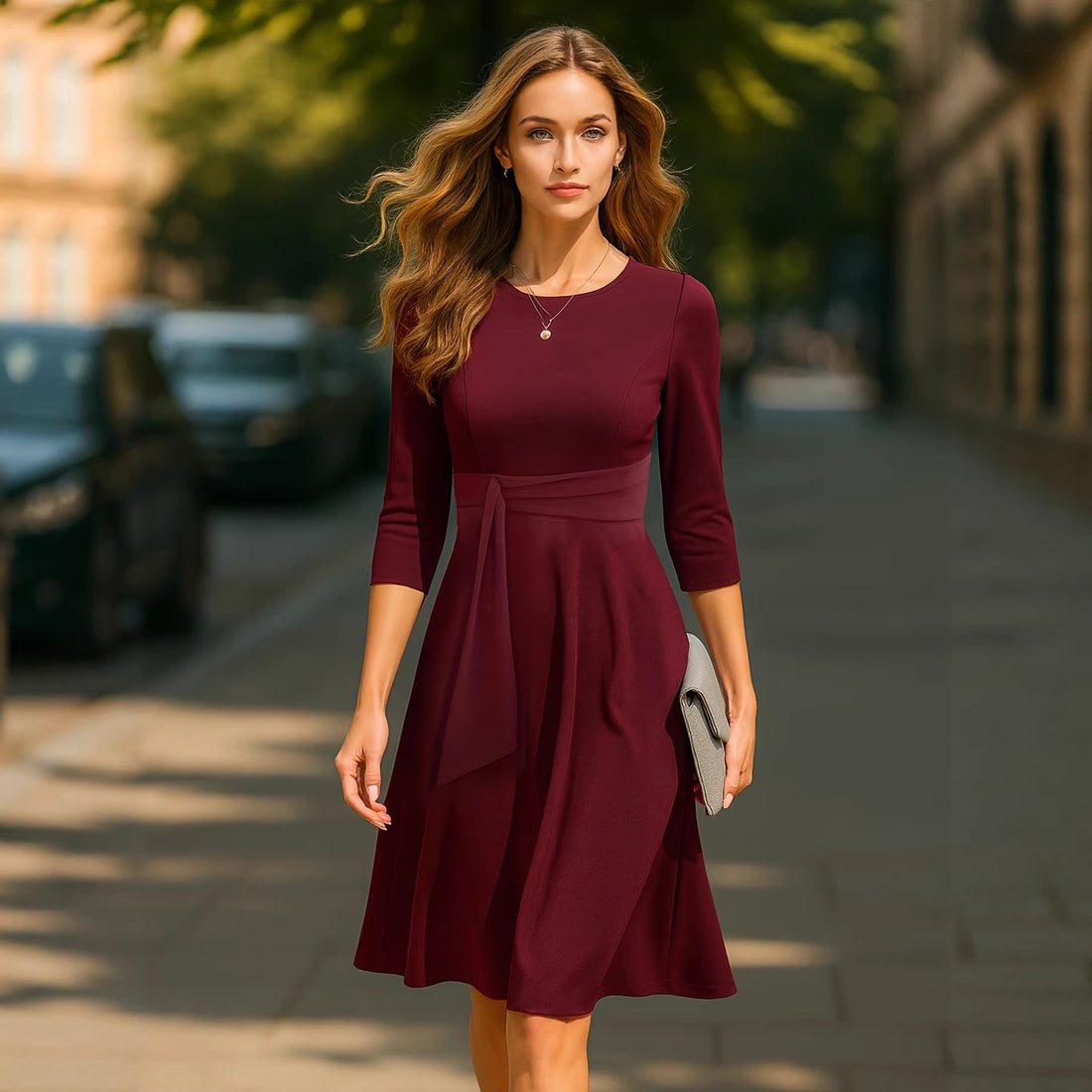 Solid Color Round Neck Three-quarters Sleeved Wine Red A-line Skirt Dress