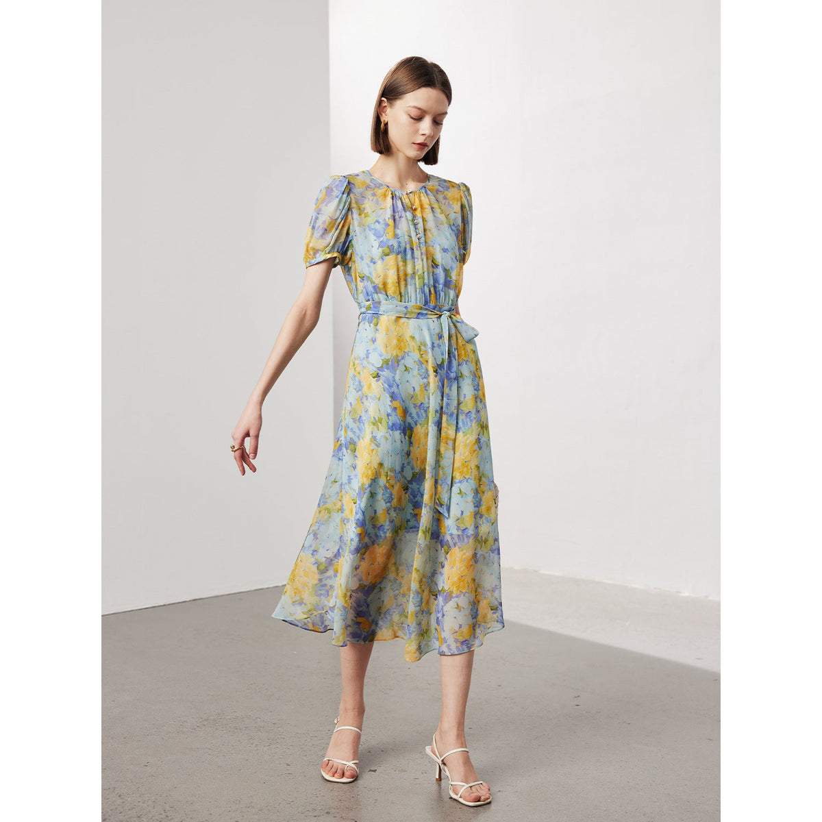 Floral Ladylike Waist-cinching Long Dress