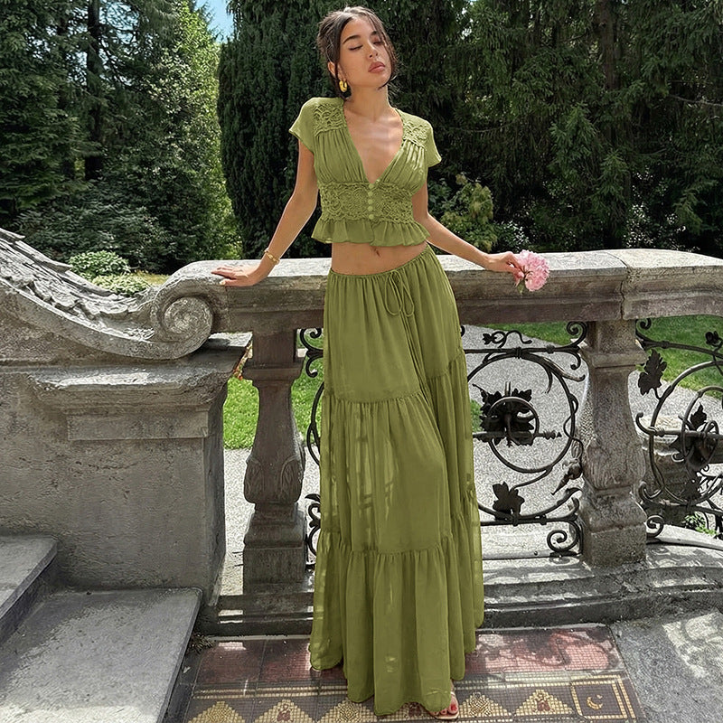 Lace Chiffon Cardigan T-shirt Loose Sheer Bandage Long Dress