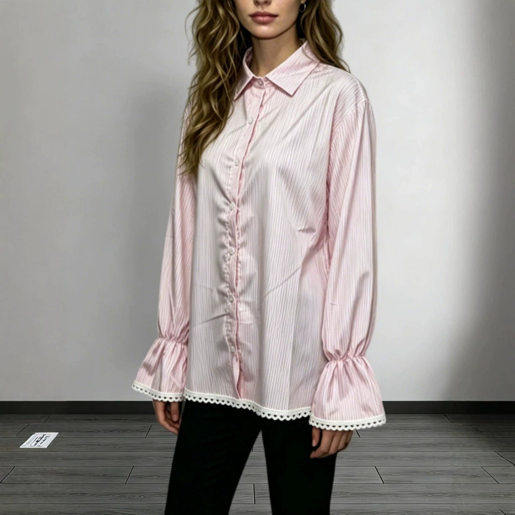 Lace Hollowed-Out Trim Flared-Sleeve Long-Sleeve Shirt
