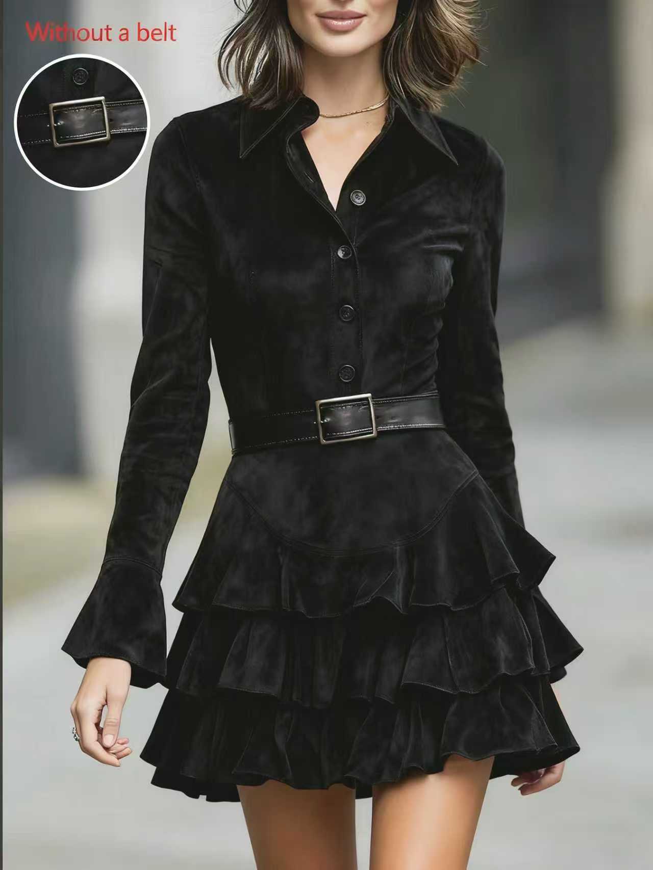 Slim-Fit Solid-Color Suede Ruffled Long-Sleeve Shirt Dress
