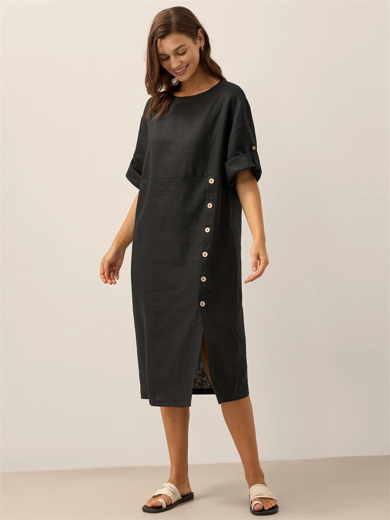 Round Neck Sleeve Side Slit Button Linen Cotton Blend Midi Dress