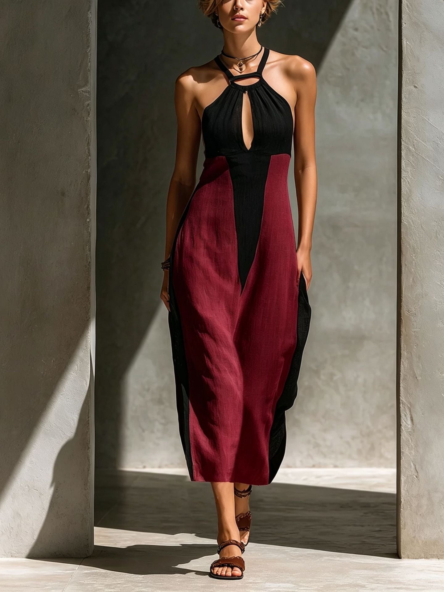 Hollow Out Color-blocked Linen Maxi Dress Fitting