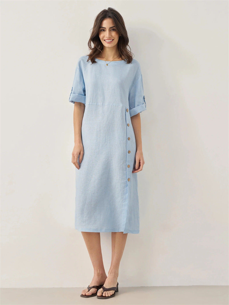 Round Neck Sleeve Side Slit Button Linen Cotton Blend Midi Dress