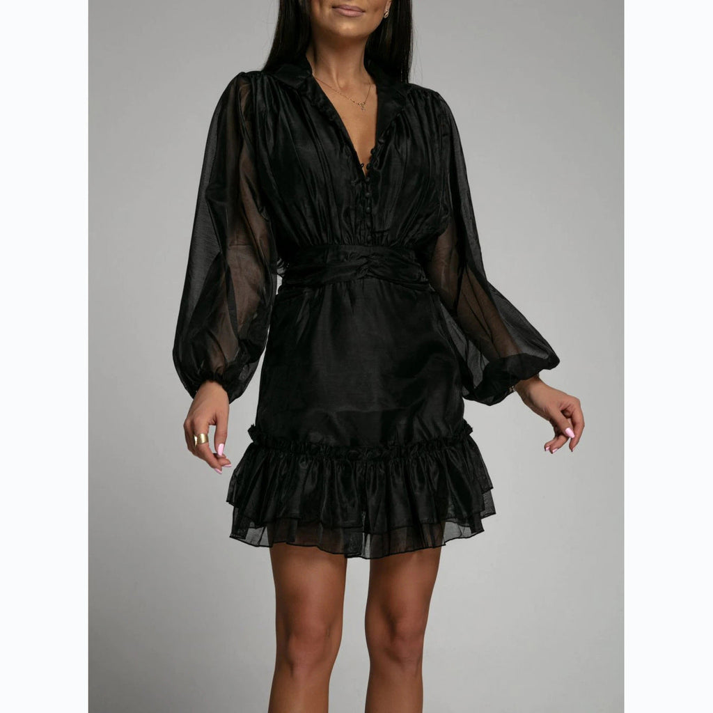 Button-front Waist-cinching Lace Dress With Ruffled Hem
