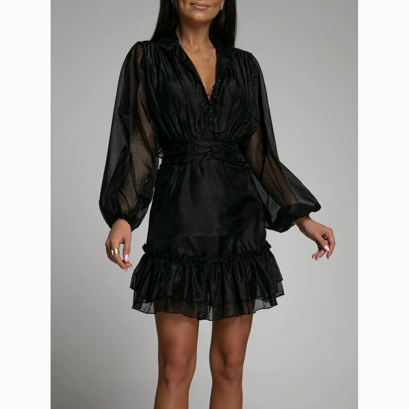 Button-front Waist-cinching Lace Dress With Ruffled Hem