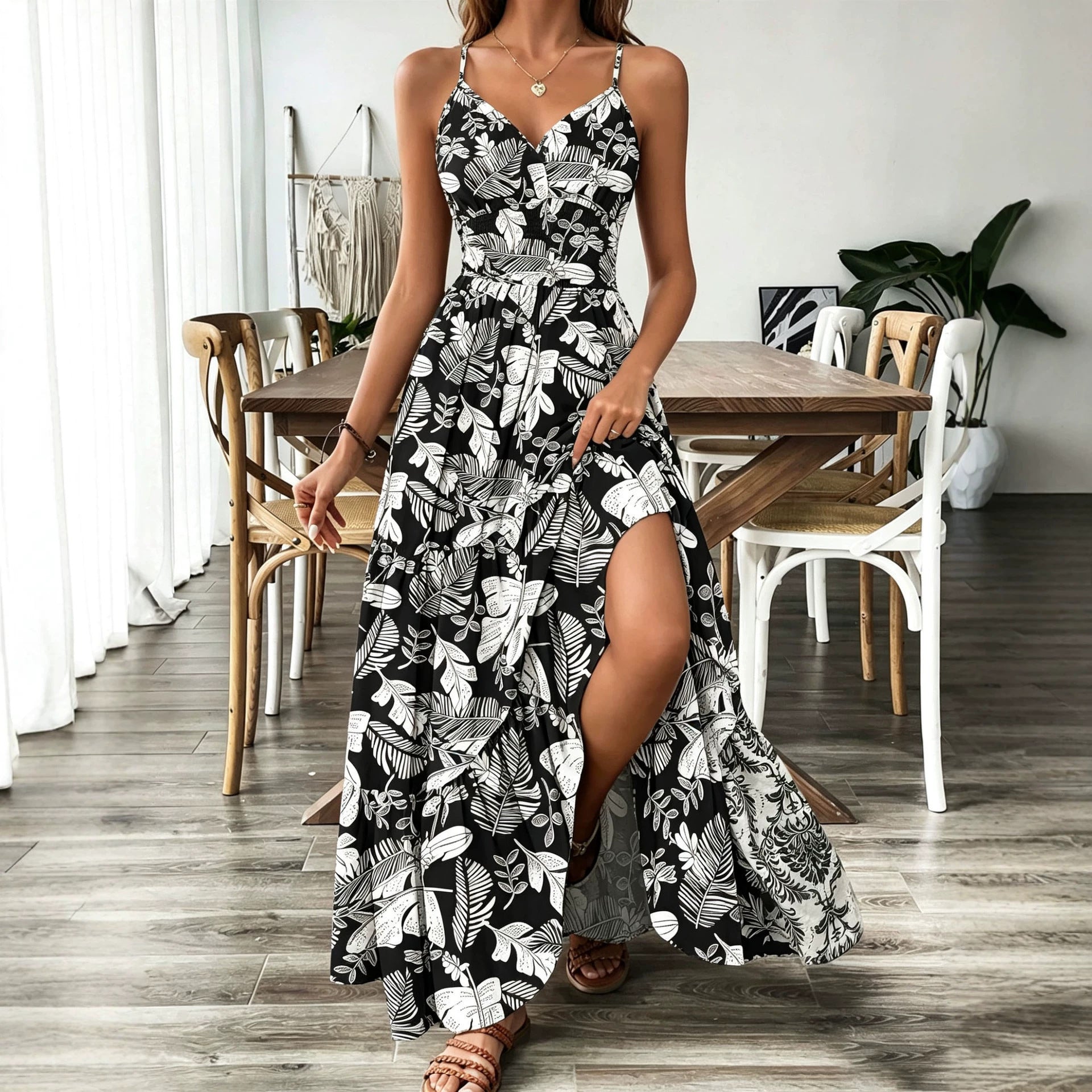 Retro V-neck Short-sleeve Printed Dress
