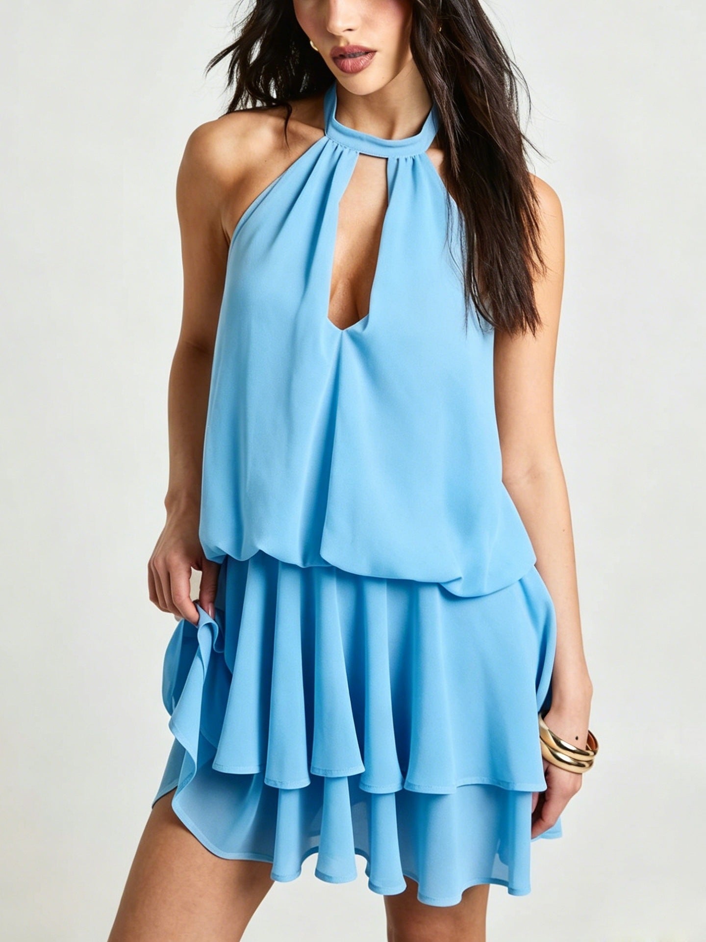 Elegant Backless Chiffon Mini Dress With A Flounced Hem For Summer