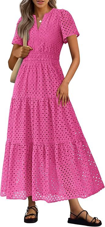 Short-Sleeve V-Neck Hollow-Out Dress