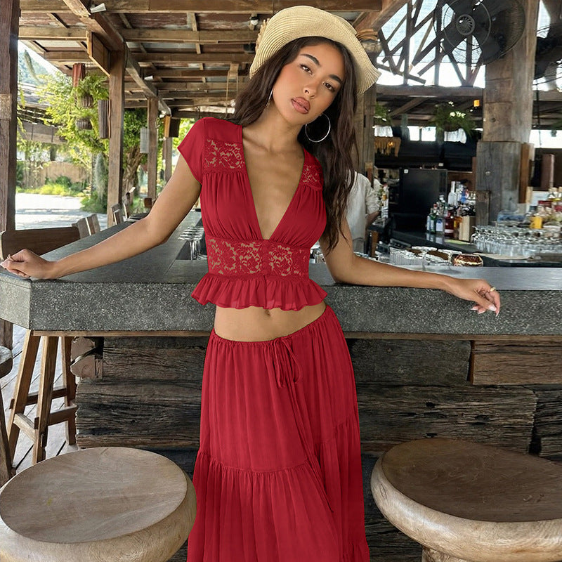 Lace Chiffon Cardigan T-shirt Loose Sheer Bandage Long Dress