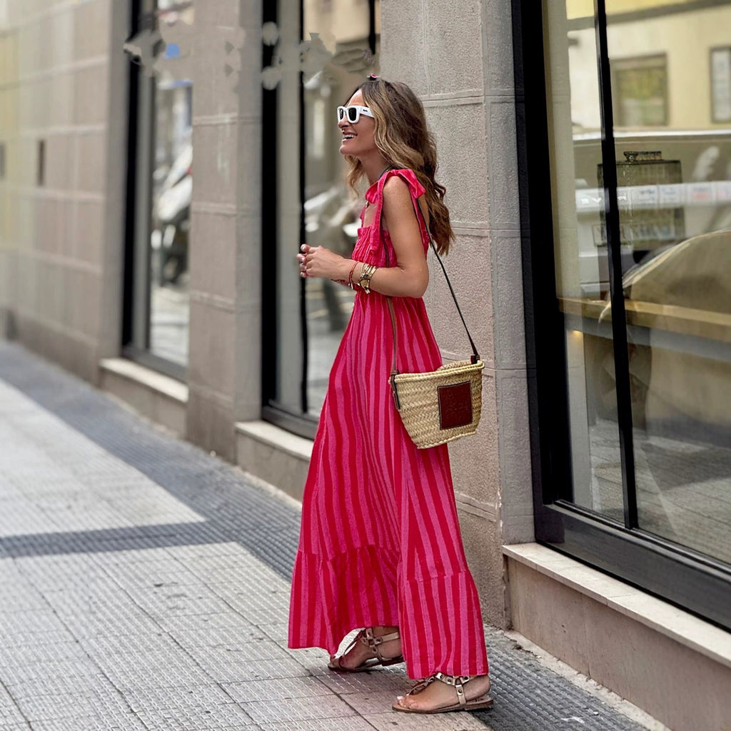 Striped Printed Lace-Up Waist-Cinching Dress