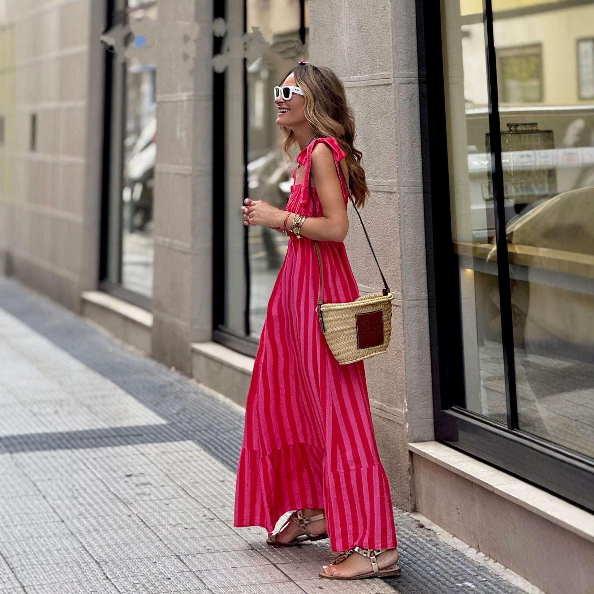 Striped Printed Lace-Up Waist-Cinching Dress