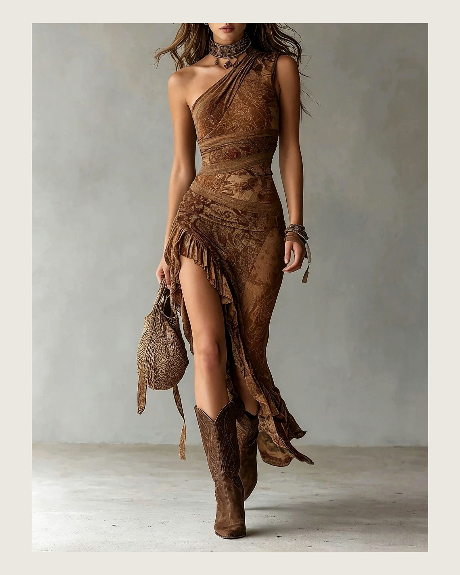 Nomad Tide one-shoulder asymmetric maxi dress in Tobacco Brown; styling accessories not included
