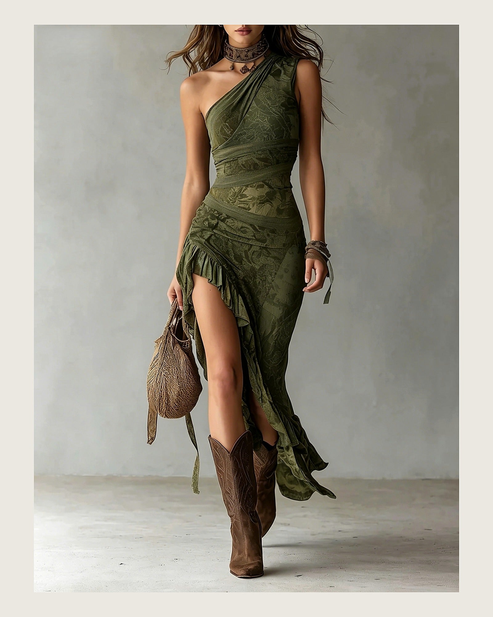 Nomad Tide one-shoulder asymmetric maxi dress in Olive; styling accessories not included