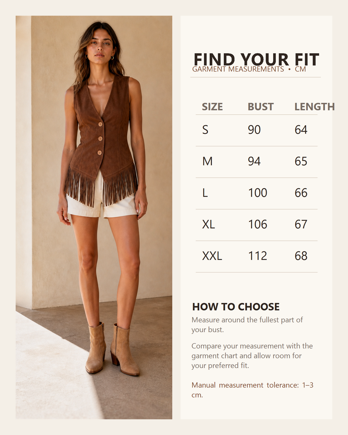 Desert Drift fringe vest garment size chart from S to XXL