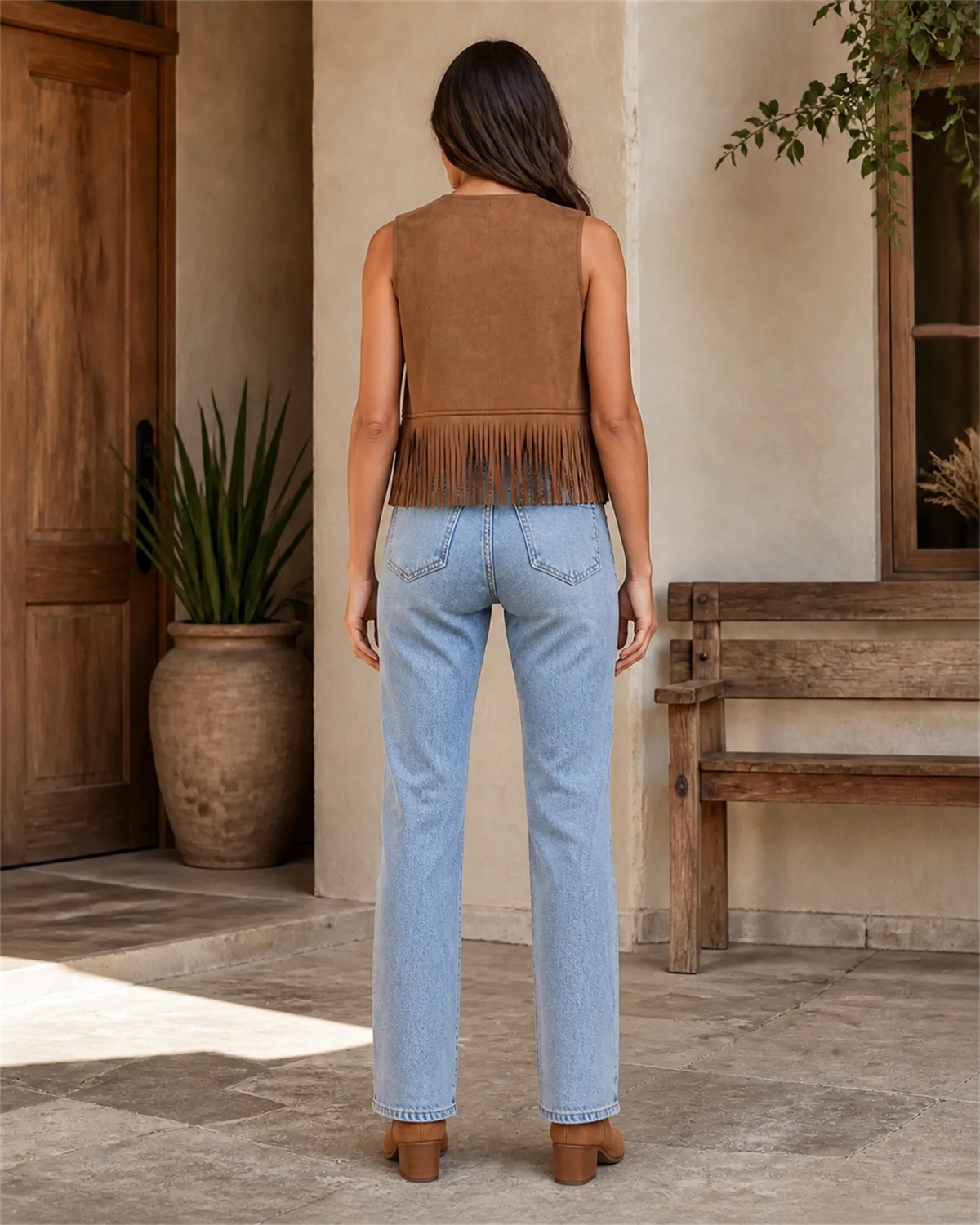 Back view of the brown sleeveless fringe vest