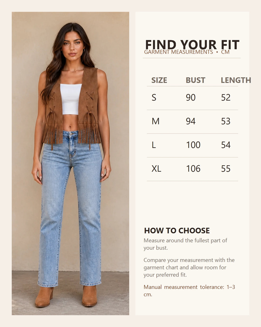 Sierra Trail fringe vest garment size chart from S to XL