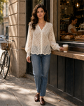 Front view of the Morning Bloom V-neck floral lace blouse