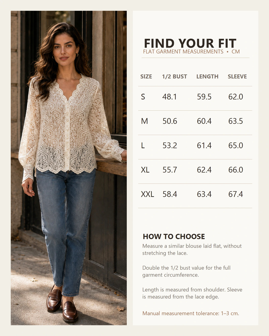 Morning Bloom lace blouse flat garment size chart from S to XXL