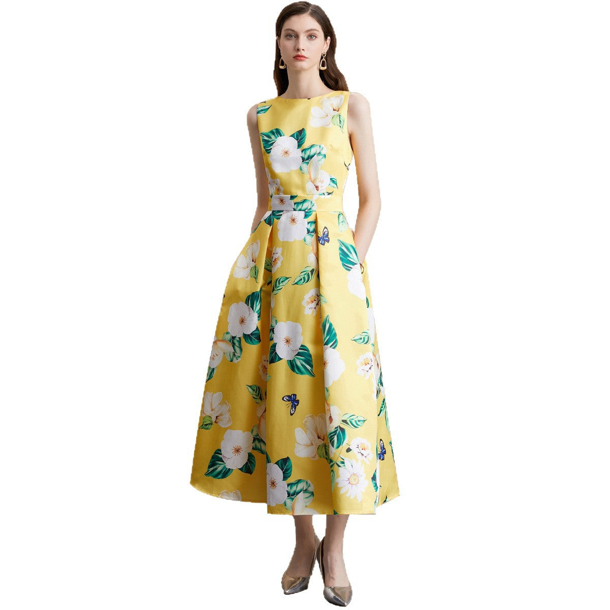 Celebrity-style Sleeveless Printed Waist-cinching Maxi Dress