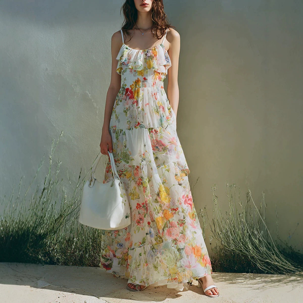 Summer Dress With A Long Bow Floral Print And Layered Chiffon