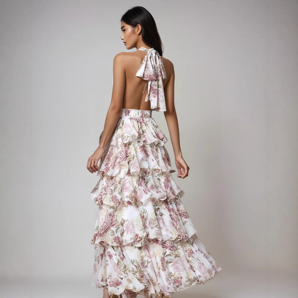 V-neck Strap Multi-layer Printed Dress