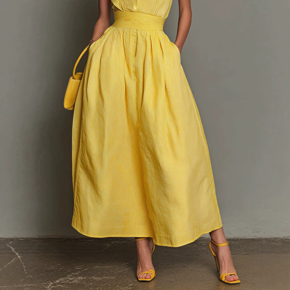 Yellow-striped V-neck Waist-cinched Sleeveless Dress That The