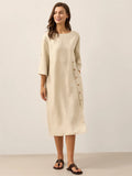 Round Neck Sleeve Side Slit Button Linen Cotton Blend Midi Dress