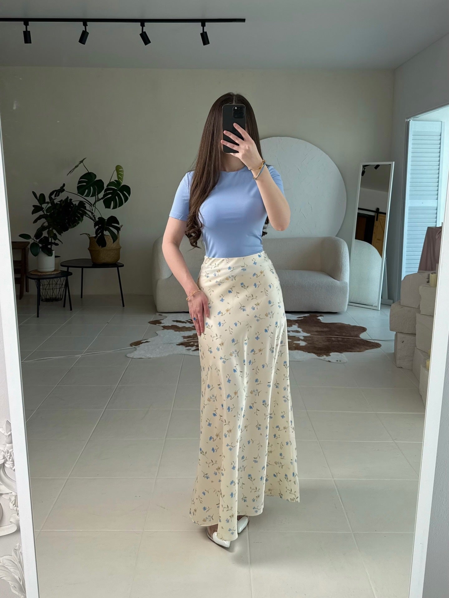 Base Ditsy Floral Print High Waist Satin Mermaid Midi Slip Skirt
