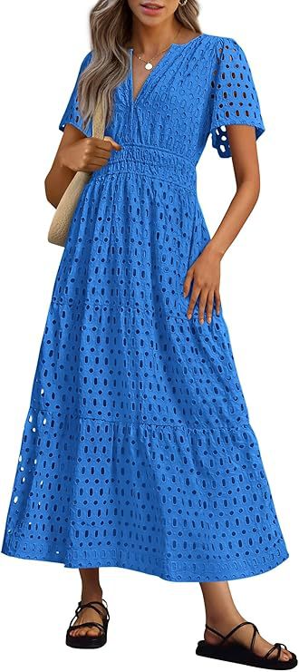 Short-Sleeve V-Neck Hollow-Out Dress