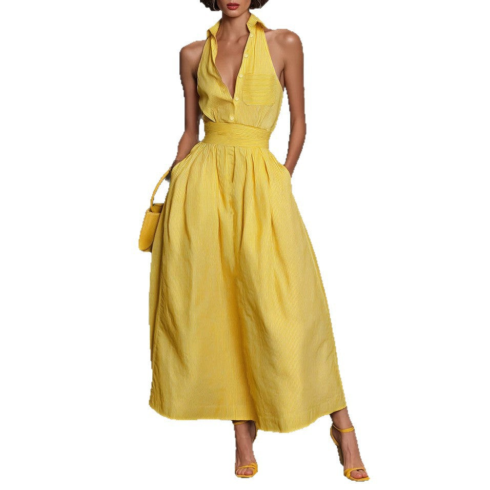 Yellow-striped V-neck Waist-cinched Sleeveless Dress That The