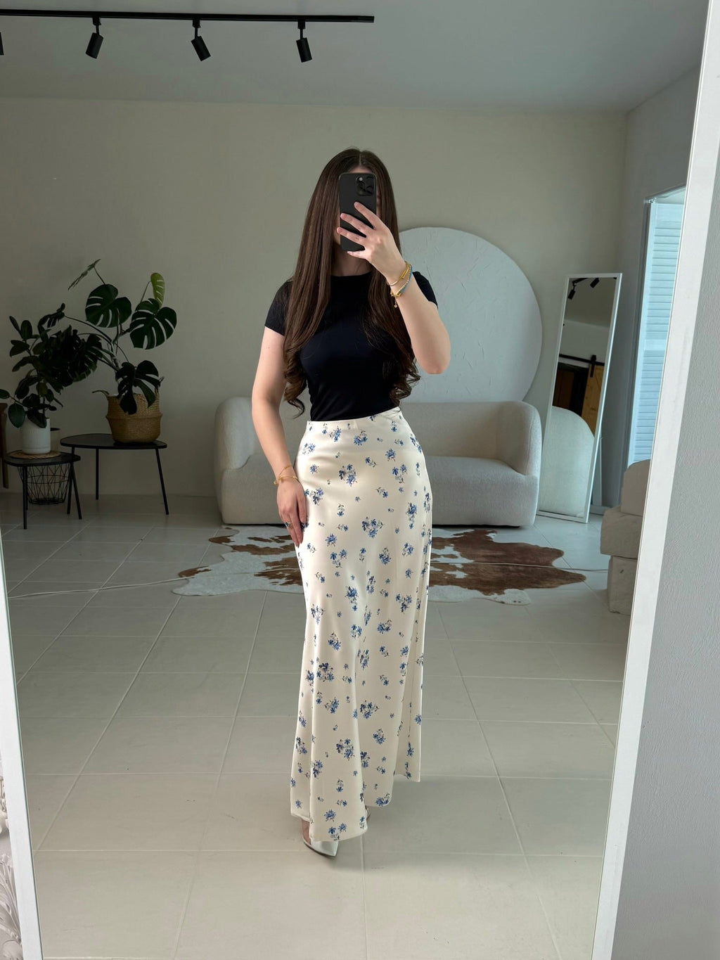 Base Ditsy Floral Print High Waist Satin Mermaid Midi Slip Skirt