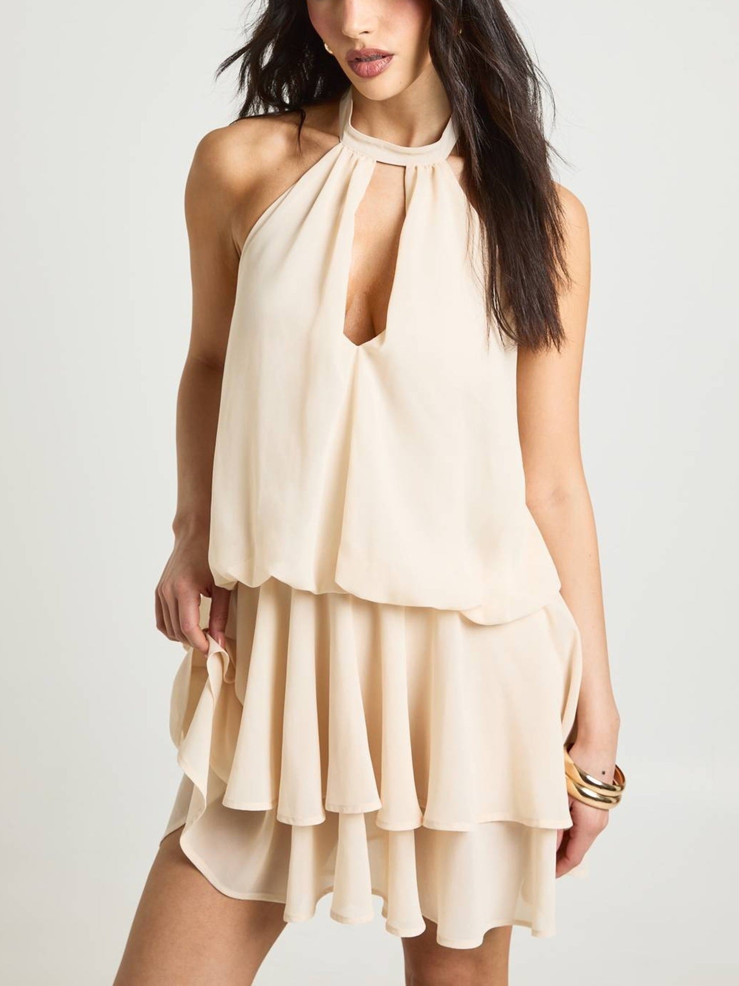 Elegant Backless Chiffon Mini Dress With A Flounced Hem For Summer
