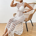 Tassel Maxi Dress Hollow Floral Skirt Waist Tie Crochet Long Dress Beach…