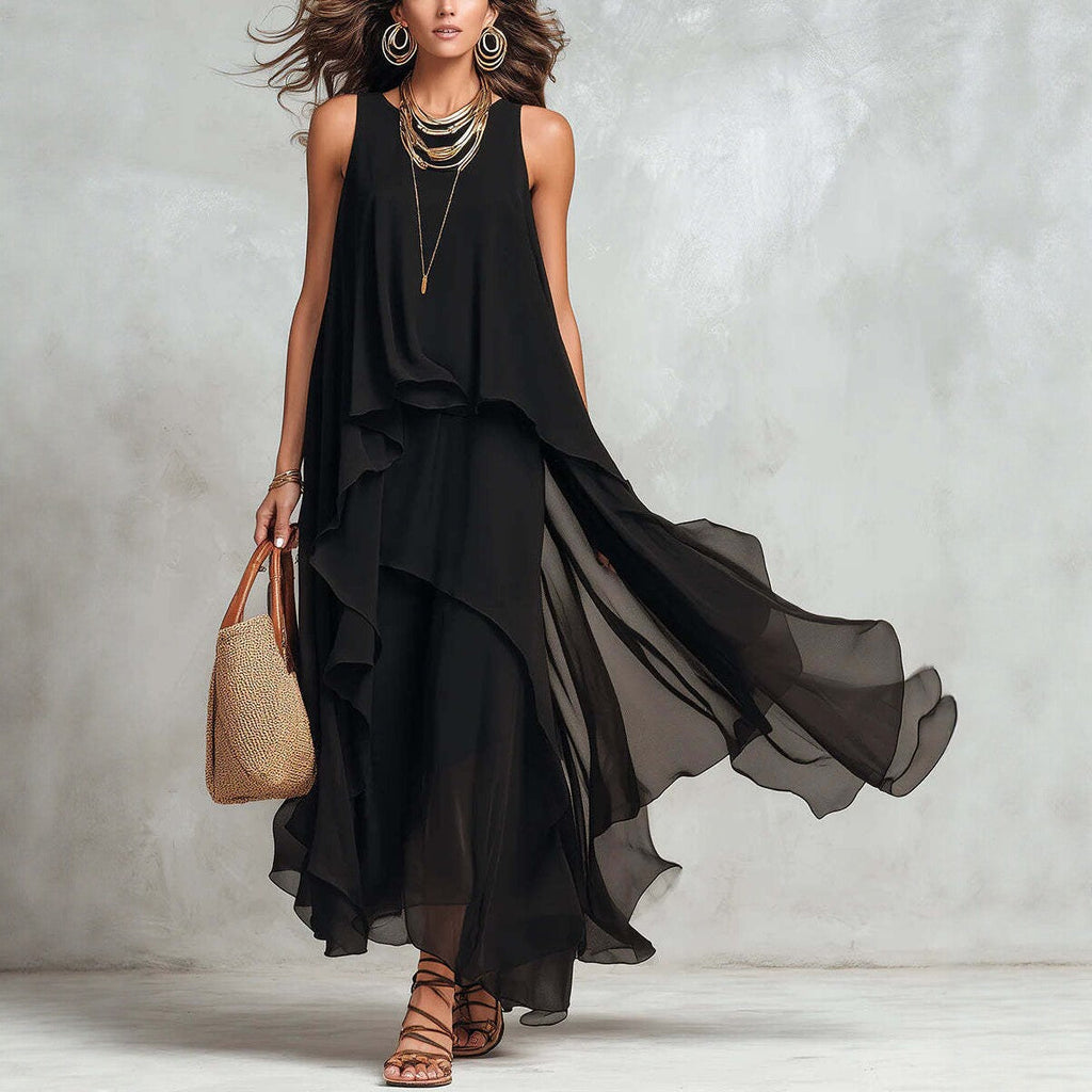 Black Sleeveless Asymmetrical Chiffon Maxi Elegant Flowing Women's Dress