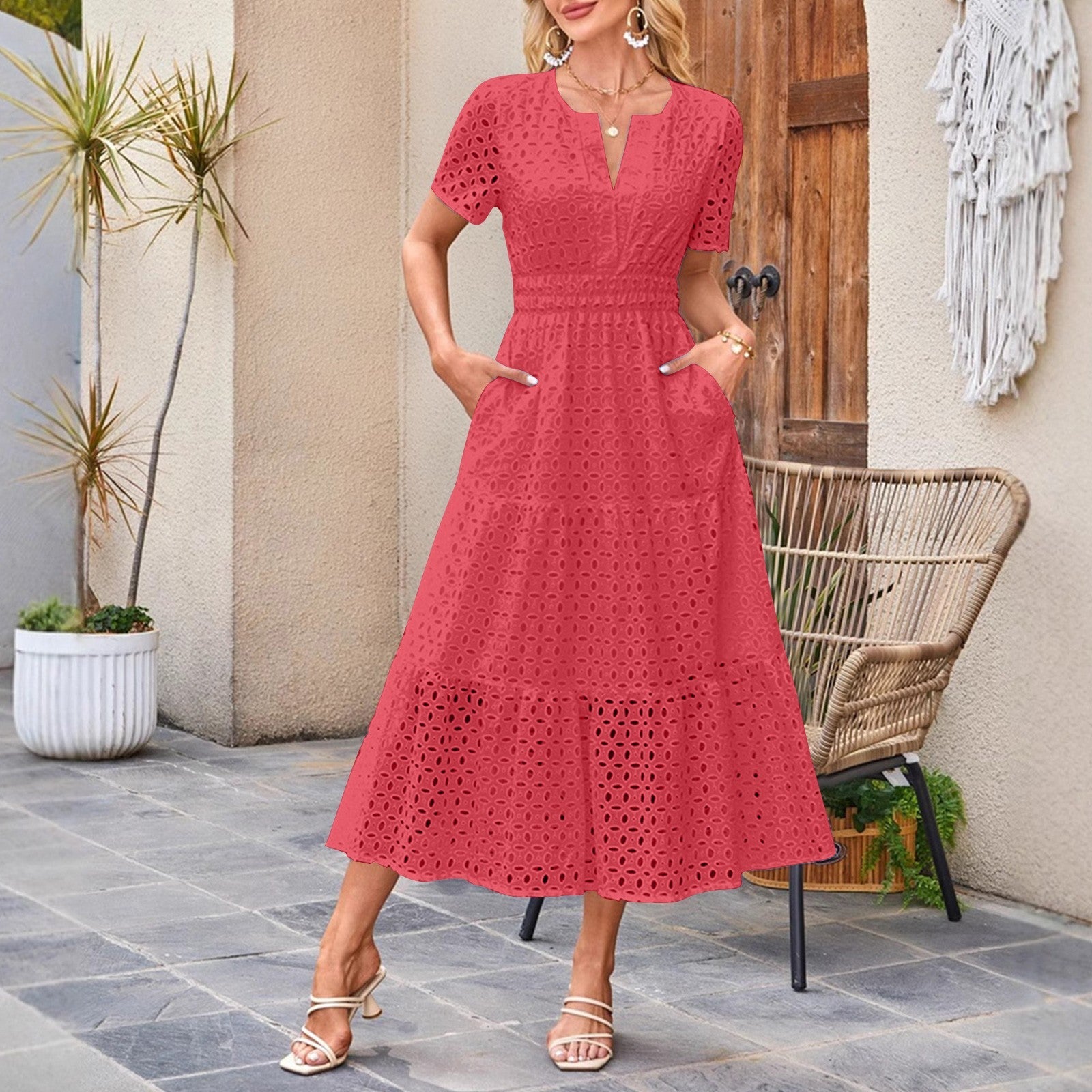 Short-Sleeve V-Neck Hollow-Out Dress