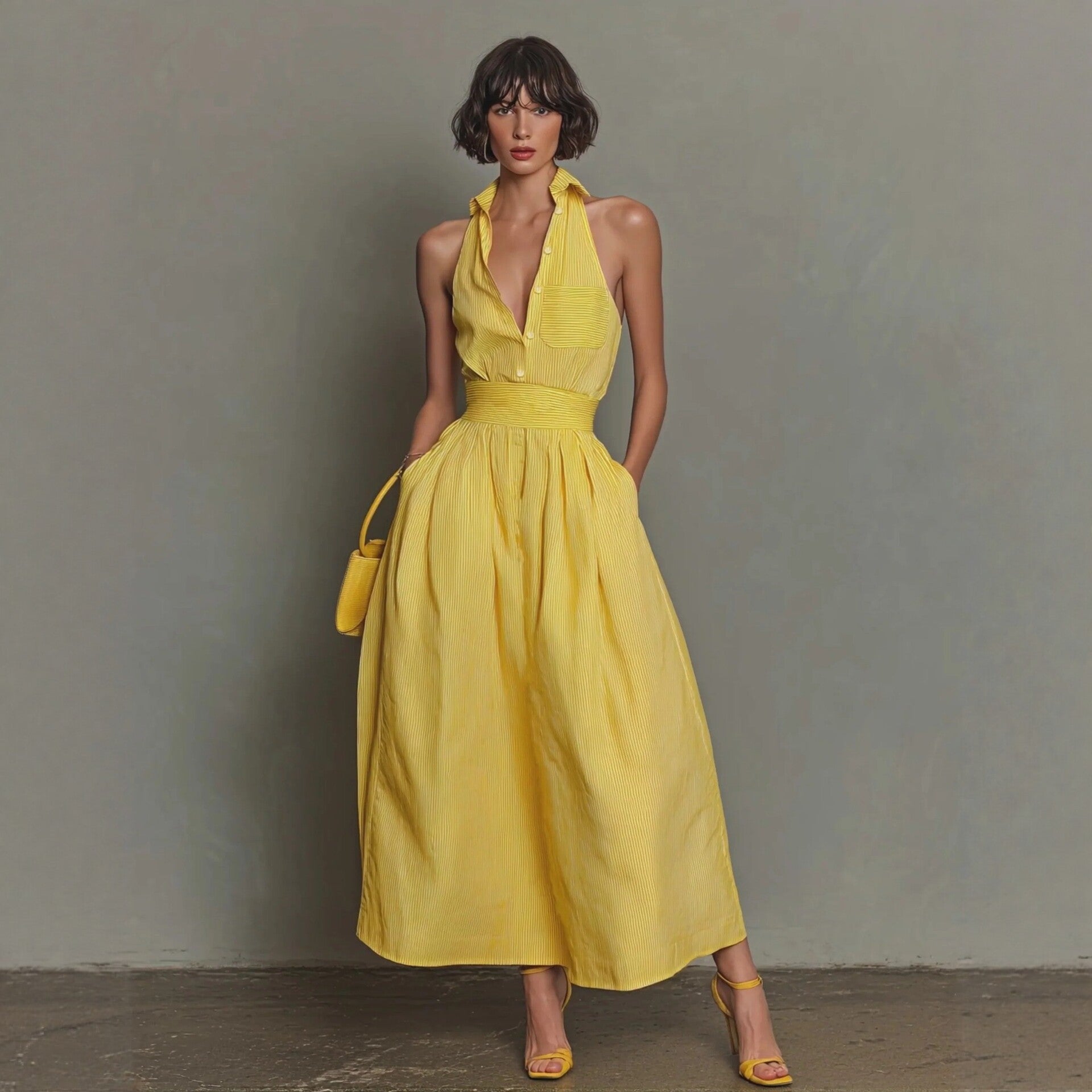 Yellow-striped V-neck Waist-cinched Sleeveless Dress That The