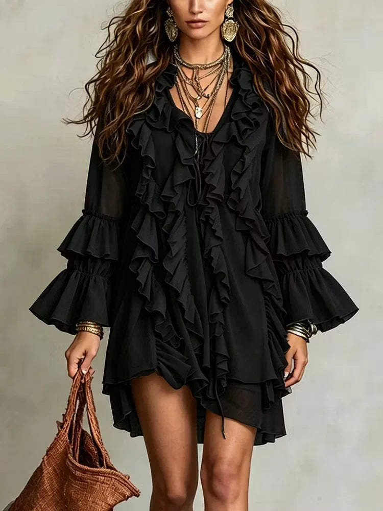 V-neck Ruffled Flared-sleeve Chiffon Dress