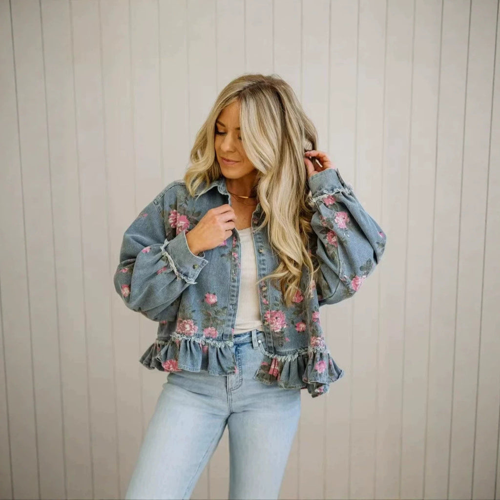Vintage Washed Denim Jacket Floral Print Loose-Fit Long-Sleeve Shirt