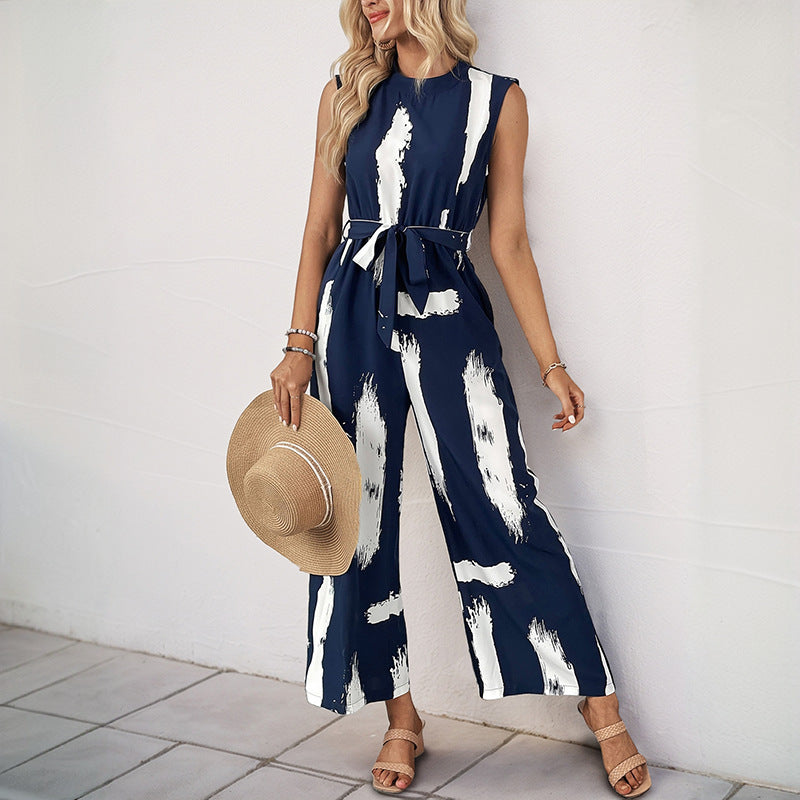 Resort-style Women's Sleeveless Printed Wide-leg Jumpsuit
