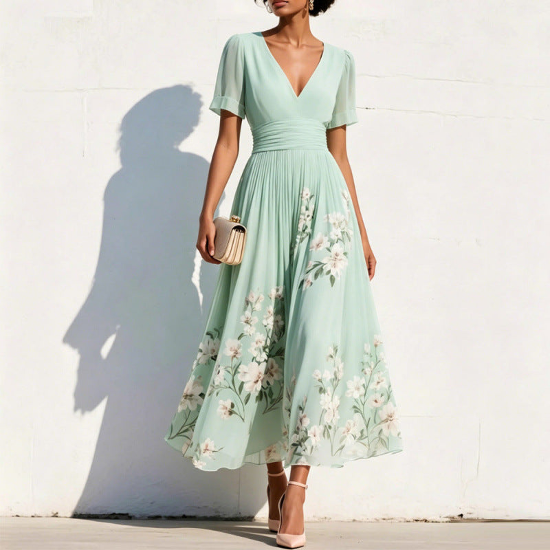 Digital-Print Floral Long-Sleeve V-Neck Pleated Dress