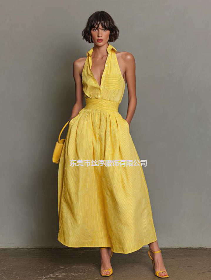 Yellow-striped V-neck Waist-cinched Sleeveless Dress That The