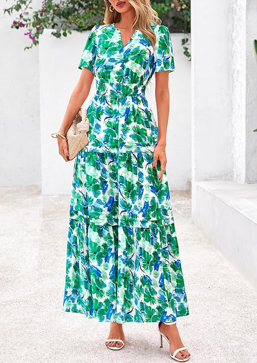 Retro Floral Short-Sleeve V-Neck Dress