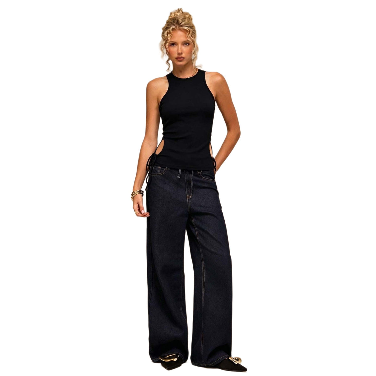 Sleeveless Top Hollowed-Out With Lace-Up Waist For A Slimming Effect
